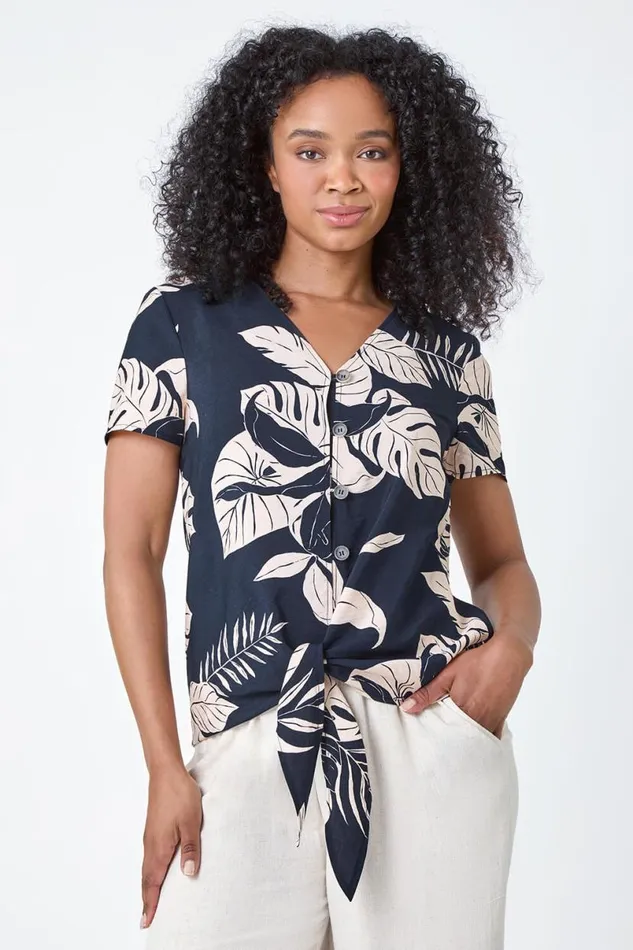 Navy Petite Tropical Tie Detail Top Women Roman Tops
