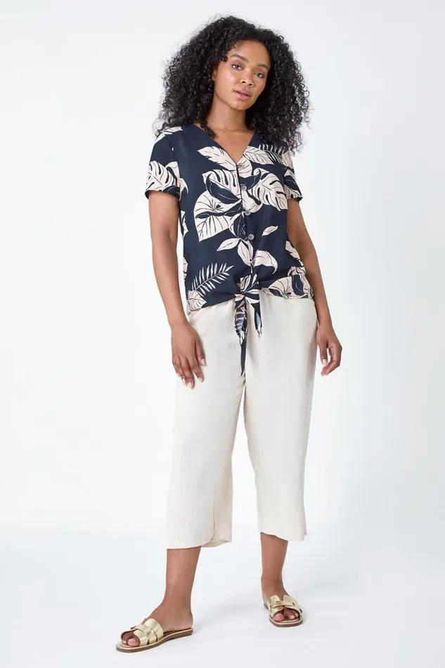 Navy Petite Tropical Tie Detail Top Women Roman Tops