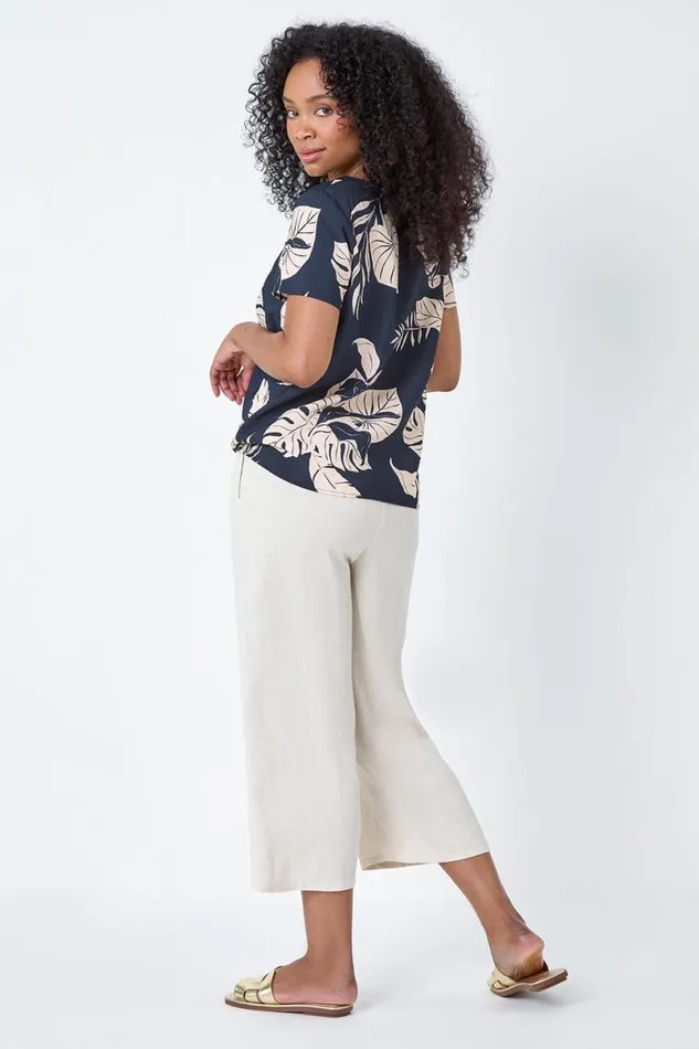 Navy Petite Tropical Tie Detail Top Women Roman Tops