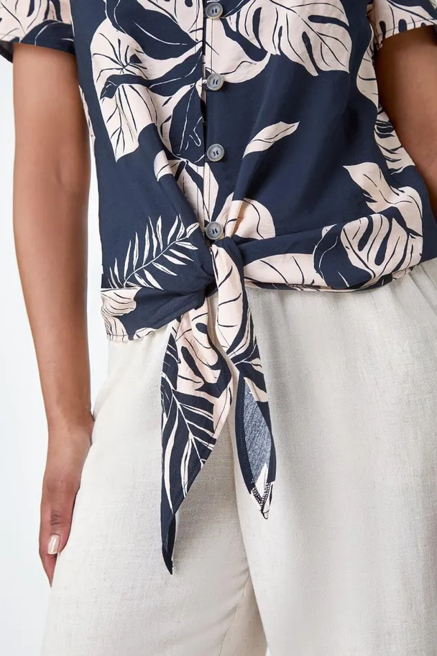 Navy Petite Tropical Tie Detail Top Women Roman Tops