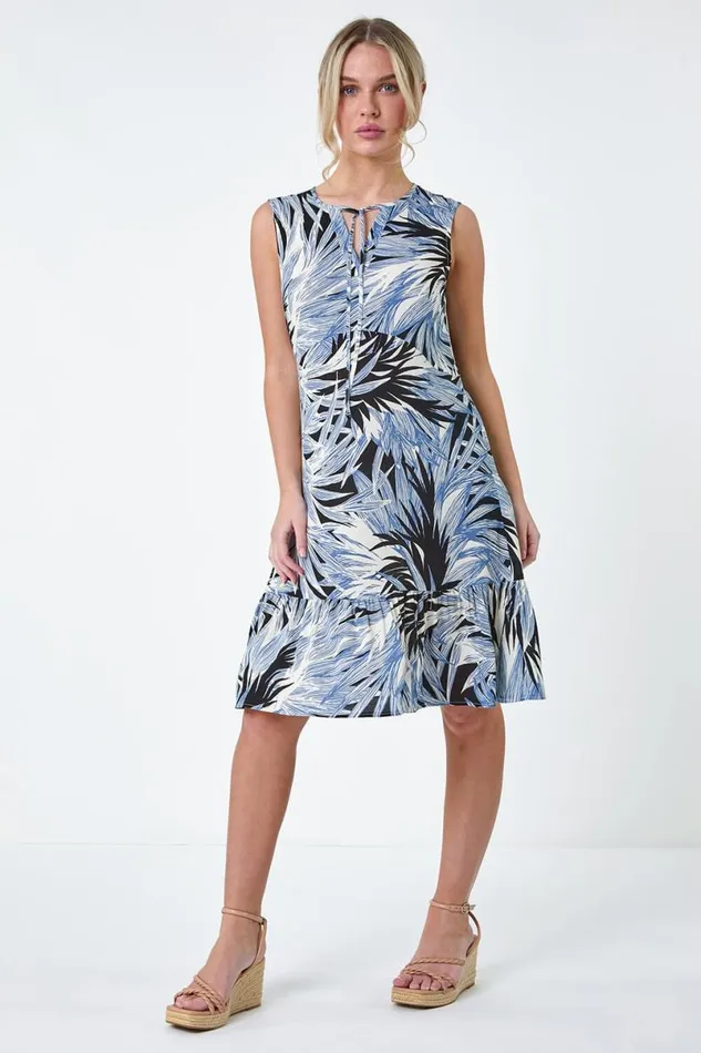 Navy Petite Tropical Tie Frill Hem Dress Women Roman Dresses