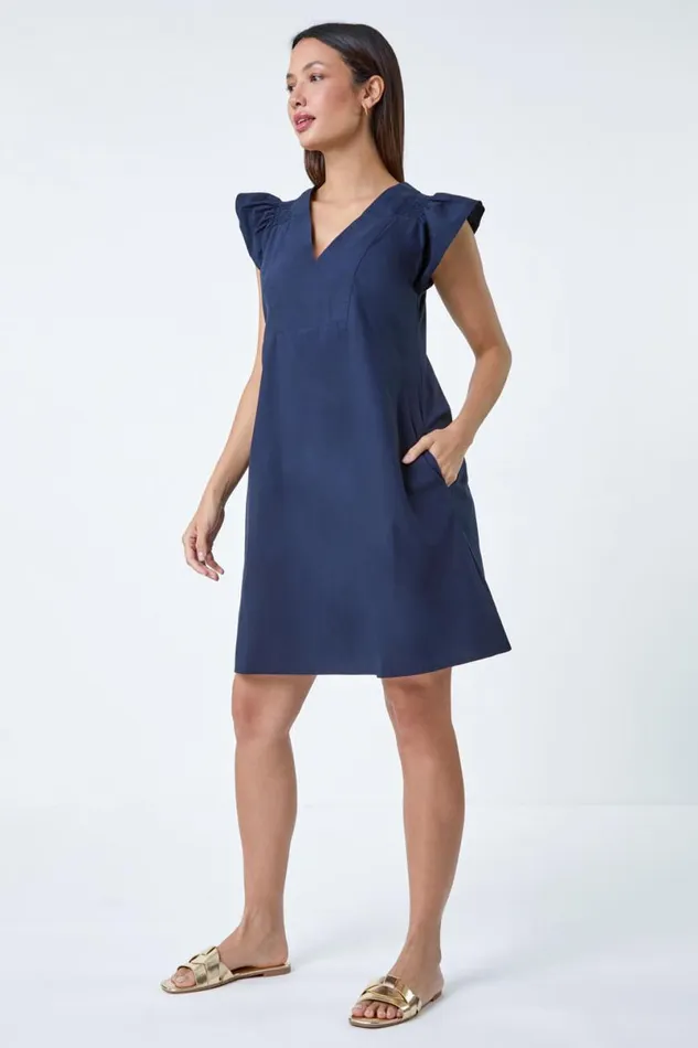 Navy Plain Cotton Frill Sleeve Pocket Dress Women Roman Dresses