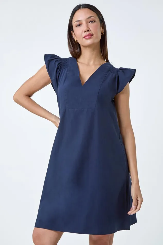 Navy Plain Cotton Frill Sleeve Pocket Dress Women Roman Dresses