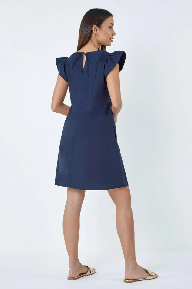 Navy Plain Cotton Frill Sleeve Pocket Dress Women Roman Dresses