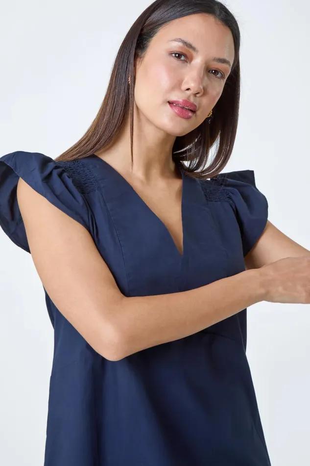 Navy Plain Cotton Frill Sleeve Pocket Dress Women Roman Dresses