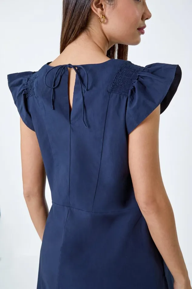 Navy Plain Cotton Frill Sleeve Pocket Dress Women Roman Dresses