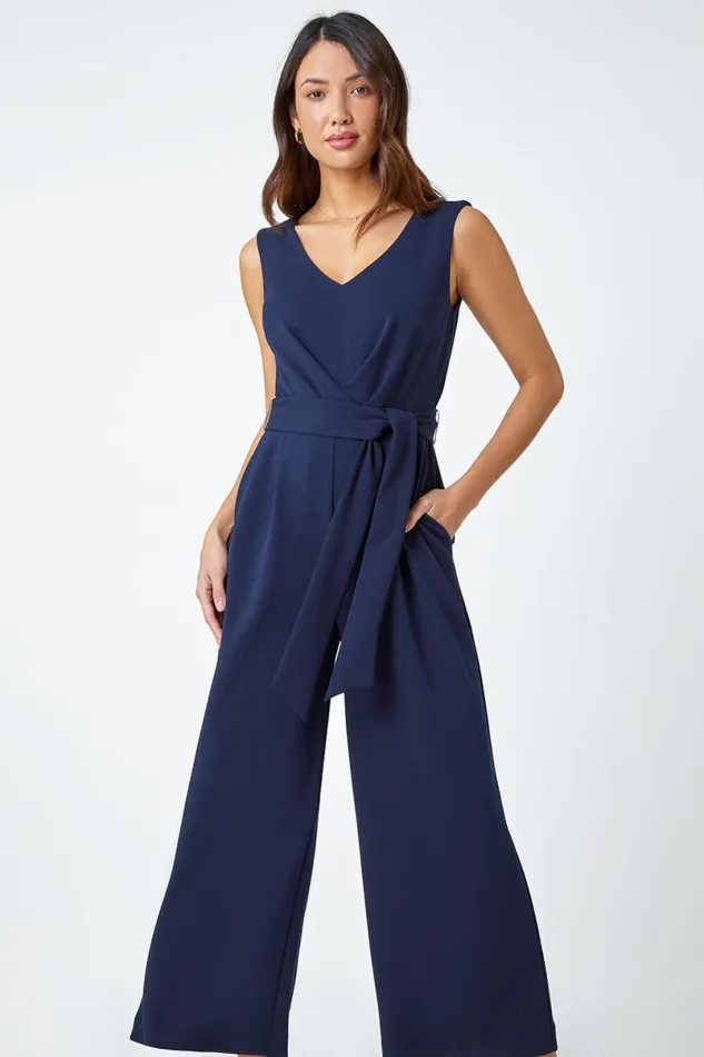 Navy Pleat Detail Wide Leg Stretch Jumpsuit Women Roman Dresses