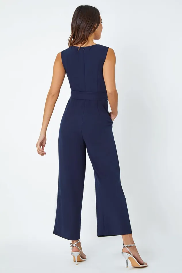 Navy Pleat Detail Wide Leg Stretch Jumpsuit Women Roman Dresses