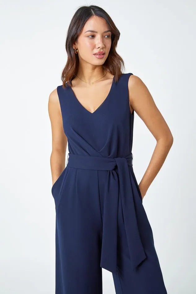 Navy Pleat Detail Wide Leg Stretch Jumpsuit Women Roman Dresses