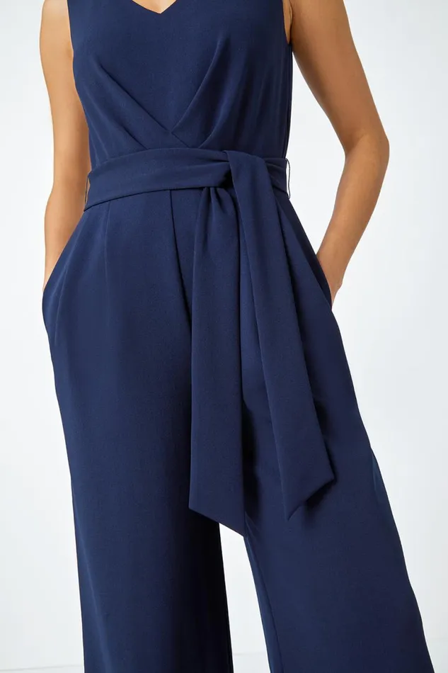 Navy Pleat Detail Wide Leg Stretch Jumpsuit Women Roman Dresses
