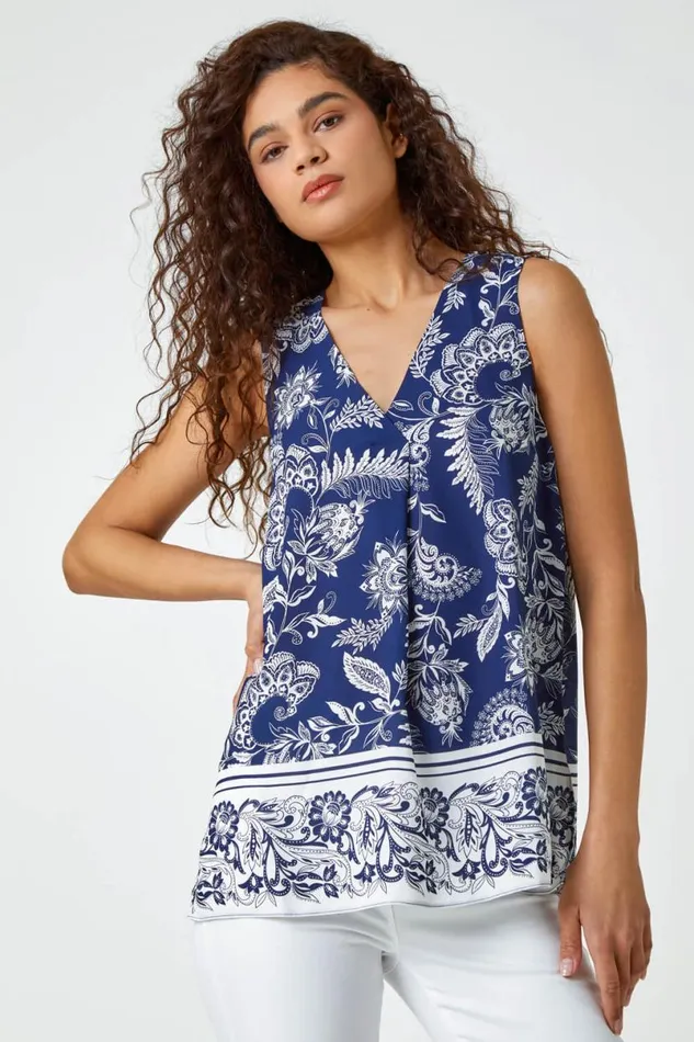 Navy Sleeveless VNeck Paisley Pleat Front Top Women Roman Tops