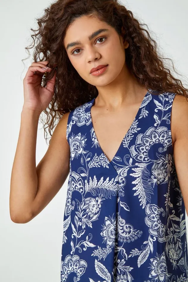 Navy Sleeveless VNeck Paisley Pleat Front Top Women Roman Tops