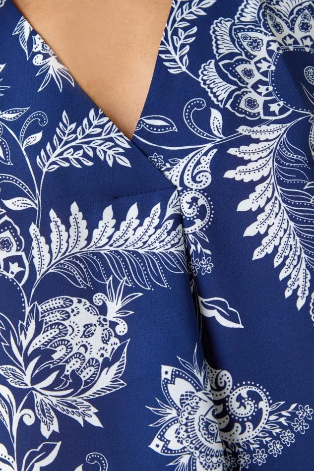 Navy Sleeveless VNeck Paisley Pleat Front Top Women Roman Tops