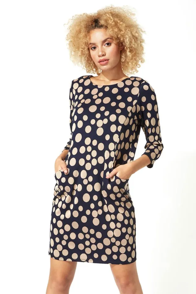 Navy Spot Print Pocket Tunic Dress Women Roman Dresses