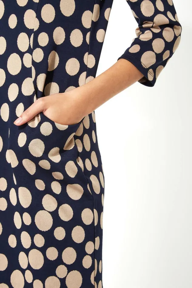 Navy Spot Print Pocket Tunic Dress Women Roman Dresses