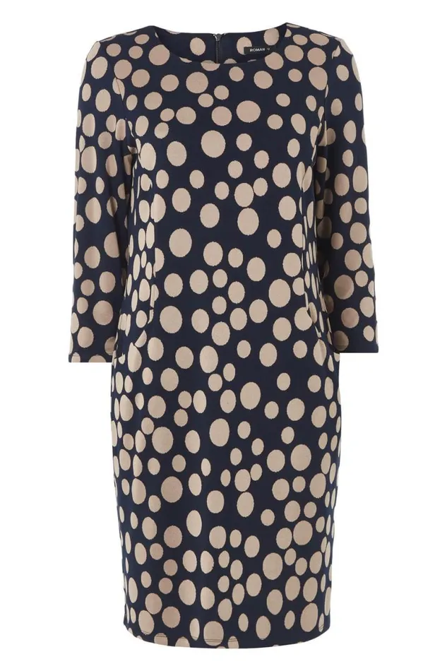Navy Spot Print Pocket Tunic Dress Women Roman Dresses
