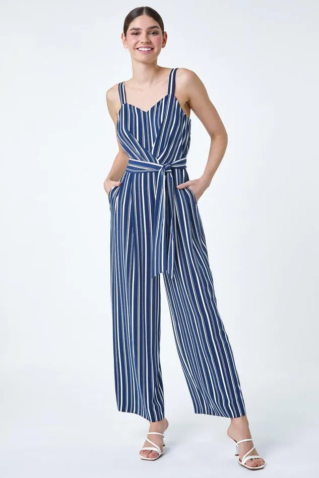 Navy Stripe Print Pocket Jumpsuit Women Roman Dresses