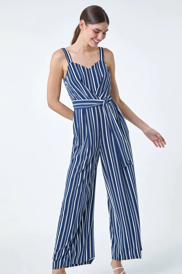Navy Stripe Print Pocket Jumpsuit Women Roman Dresses