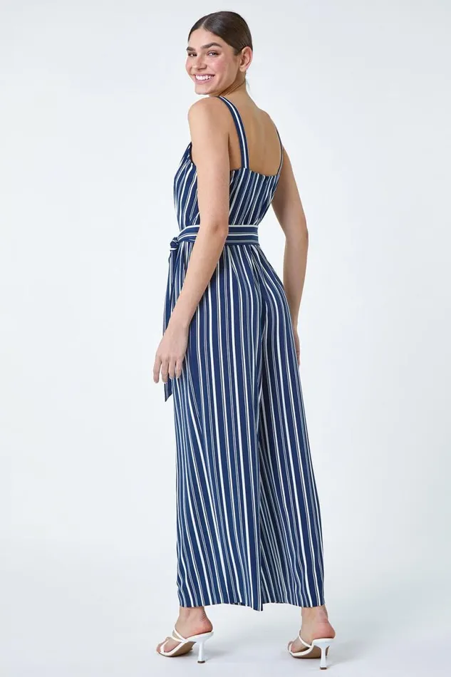 Navy Stripe Print Pocket Jumpsuit Women Roman Dresses