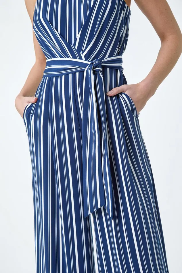 Navy Stripe Print Pocket Jumpsuit Women Roman Dresses