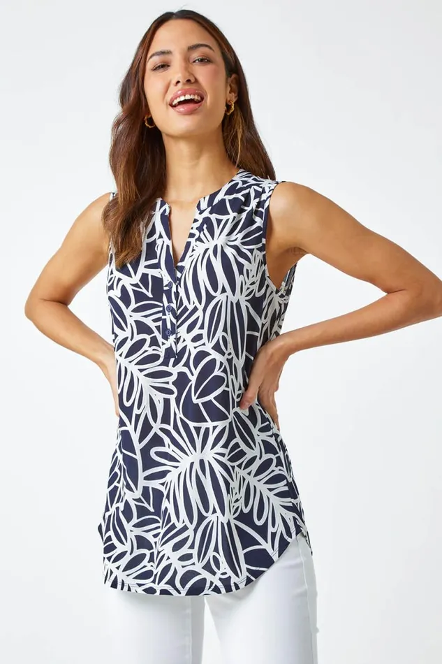 Navy Textured Linear Print Sleeveless Top Women Roman Tops