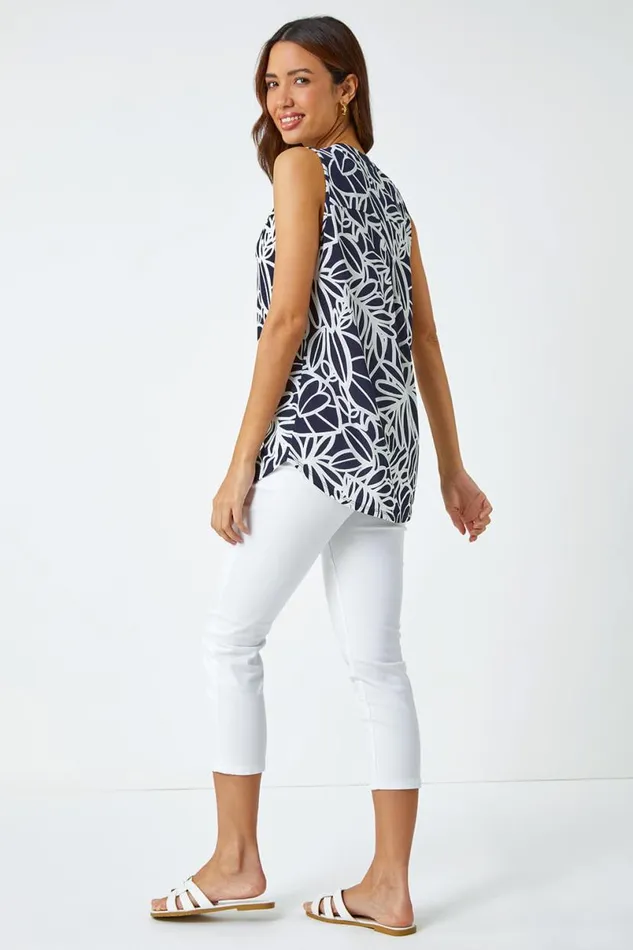 Navy Textured Linear Print Sleeveless Top Women Roman Tops