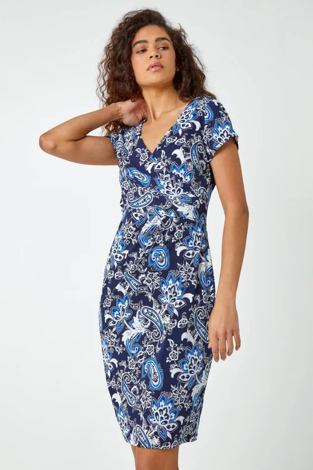 Navy Textured Paisley Print Wrap Dress Women Roman Dresses
