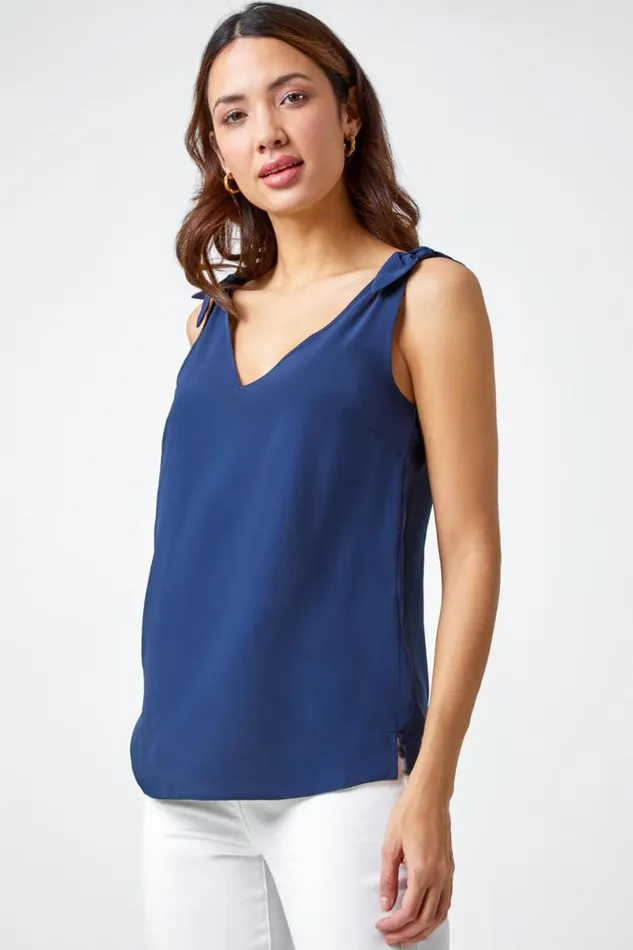 Navy Tie Detail Strap VNeck Cami Top Women Roman Tops