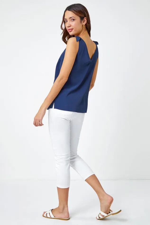 Navy Tie Detail Strap VNeck Cami Top Women Roman Tops