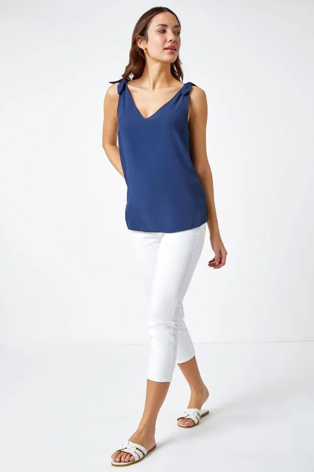 Navy Tie Detail Strap VNeck Cami Top Women Roman Tops