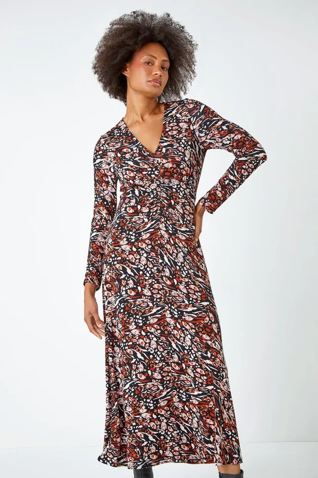 Neutral Animal Print Ruched Midi Stretch Dress Women Roman Dresses