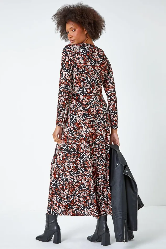 Neutral Animal Print Ruched Midi Stretch Dress Women Roman Dresses