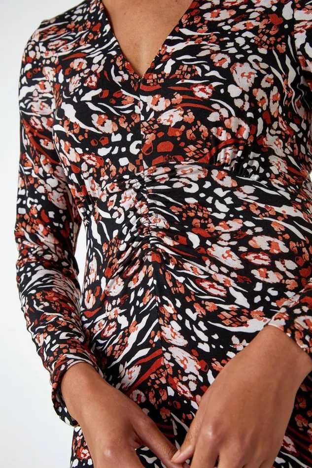 Neutral Animal Print Ruched Midi Stretch Dress Women Roman Dresses