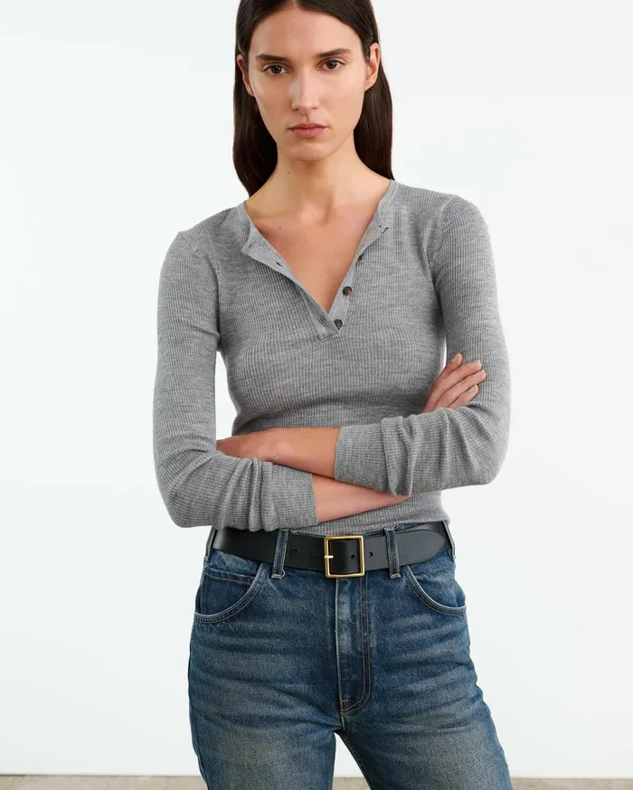 Nili Lotan KLARISE HENLEY KNIT Medium Grey Melange Women Knits and Sweaters