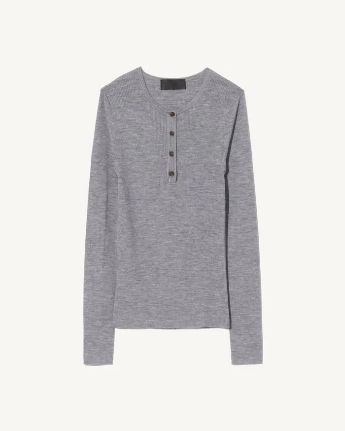 Nili Lotan KLARISE HENLEY KNIT Medium Grey Melange Women Knits and Sweaters