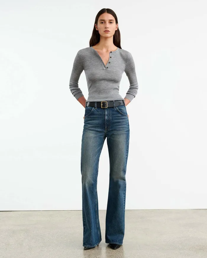 Nili Lotan KLARISE HENLEY KNIT Medium Grey Melange Women Knits and Sweaters