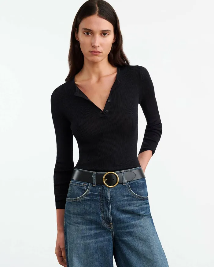 Nili Lotan KLARISE HENLEY KNIT Medium Grey Melange Women Knits and Sweaters