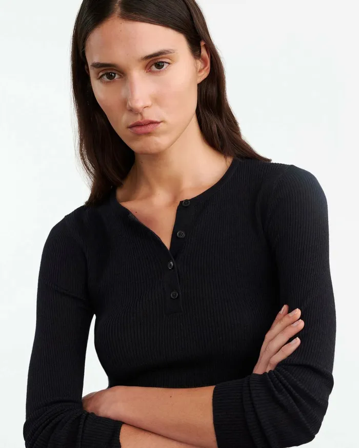 Nili Lotan KLARISE HENLEY KNIT Medium Grey Melange Women Knits and Sweaters