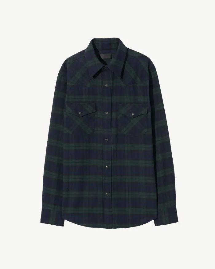 Nili Lotan TRAVIS SHIRT Greenmidnight Plaid Men Shirts