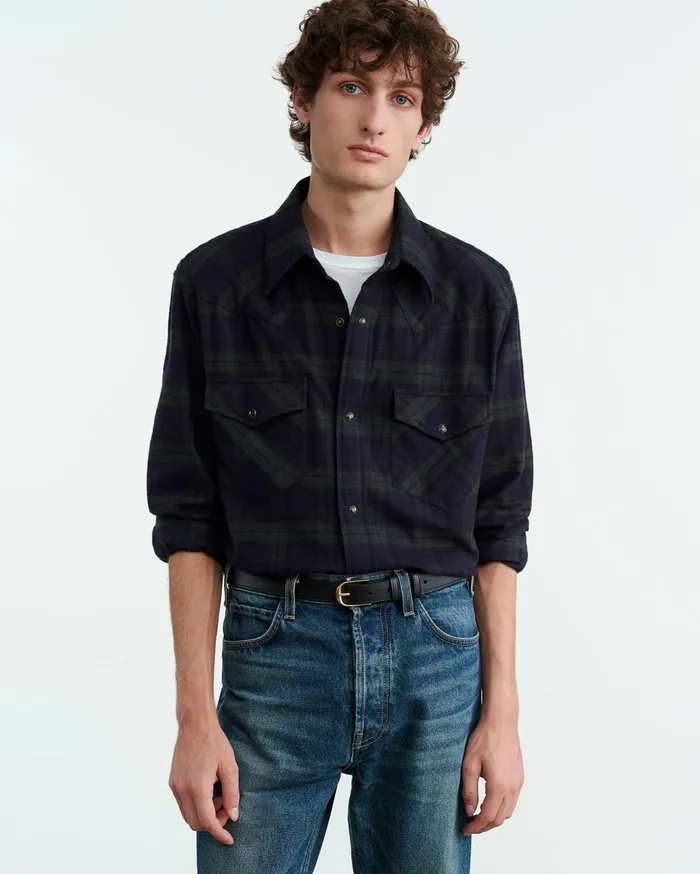 Nili Lotan TRAVIS SHIRT Greenmidnight Plaid Men Shirts
