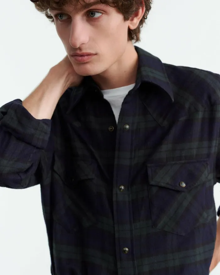 Nili Lotan TRAVIS SHIRT Greenmidnight Plaid Men Shirts