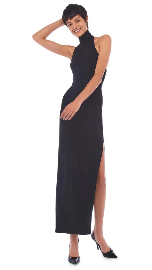 Norma Kamali Dresses HALTER TURTLE SIDE SLIT GOWN Black 8211 Clothing