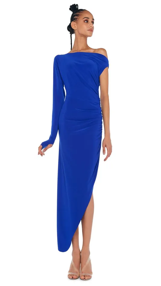 Norma Kamali Dresses ONE SLEEVE DROP SHOULDER GOWN Electric Blue 8211 Clothing Norma Kamali Dresses ONE SLEEVE DROP SHOULDER GOWN Electric Blue 8211 Clothing