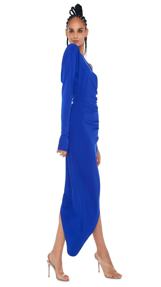Norma Kamali Dresses ONE SLEEVE DROP SHOULDER GOWN Electric Blue 8211 Clothing Norma Kamali Dresses ONE SLEEVE DROP SHOULDER GOWN Electric Blue 8211 Clothing