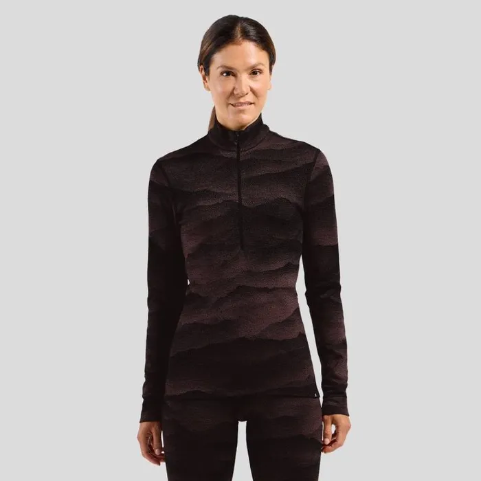Odlo Base Layers The Natural Merino Warm Jacquard Base Layer HalfZip Fudge 8211 Black 8211 Women