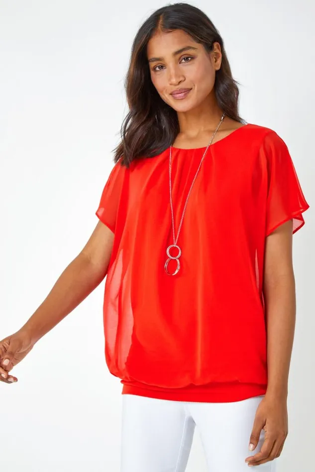 Orange Chiffon Jersey Blouson Top With Necklace Women Roman Tops