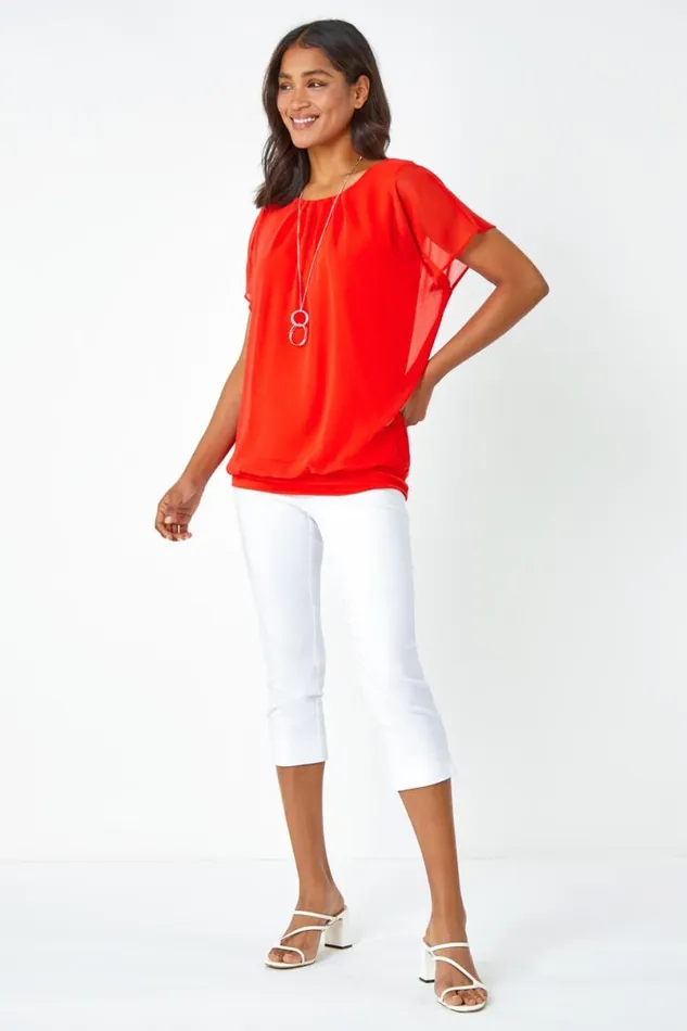 Orange Chiffon Jersey Blouson Top With Necklace Women Roman Tops