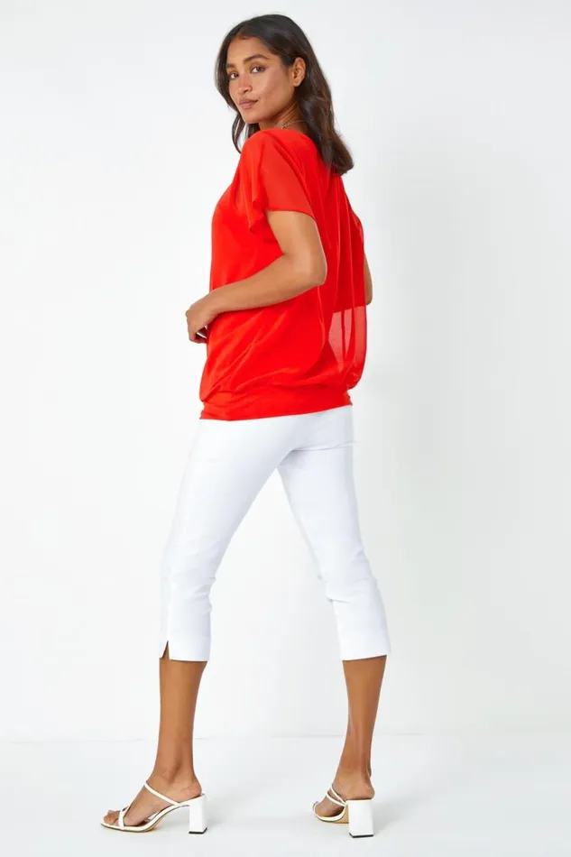 Orange Chiffon Jersey Blouson Top With Necklace Women Roman Tops