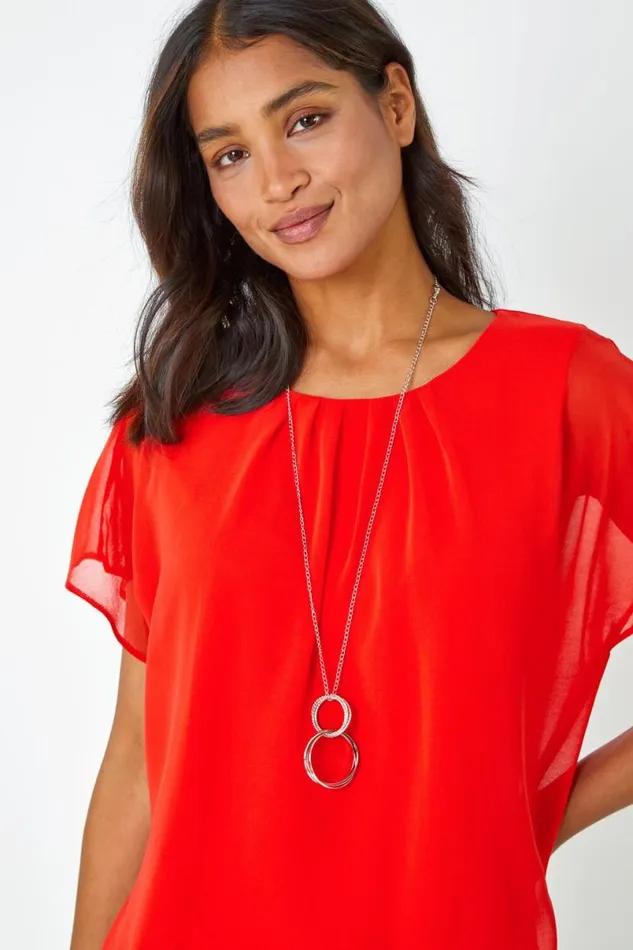 Orange Chiffon Jersey Blouson Top With Necklace Women Roman Tops