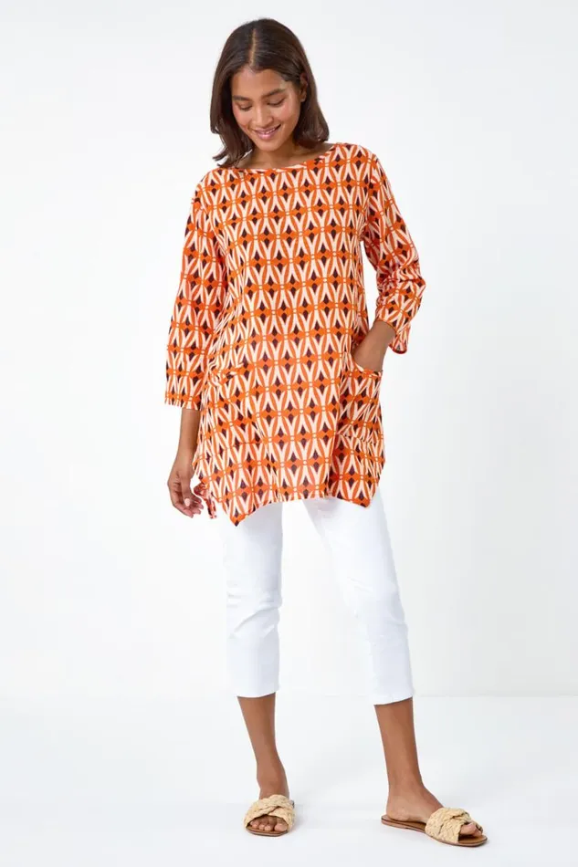 Orange Cotton Geometric Pocket Longline Tunic Top Women Roman Tops